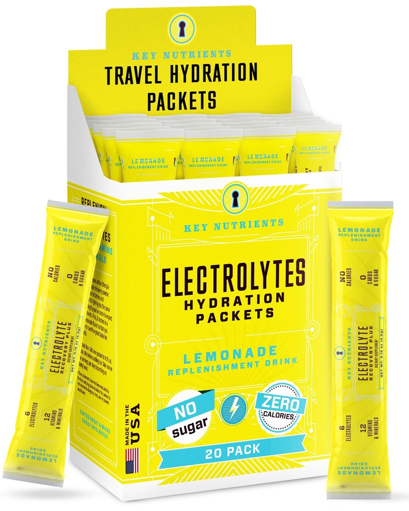 KEY NUTRIENTs Pacchetti di polvere di elettroliti 20 Pack - No Zucchero, Limonata rinfrescante, Pacchetti di idratazione con polvere di elettrolita per rinfrescare i pacchetti di miscela di elettroliti - Calorie zero