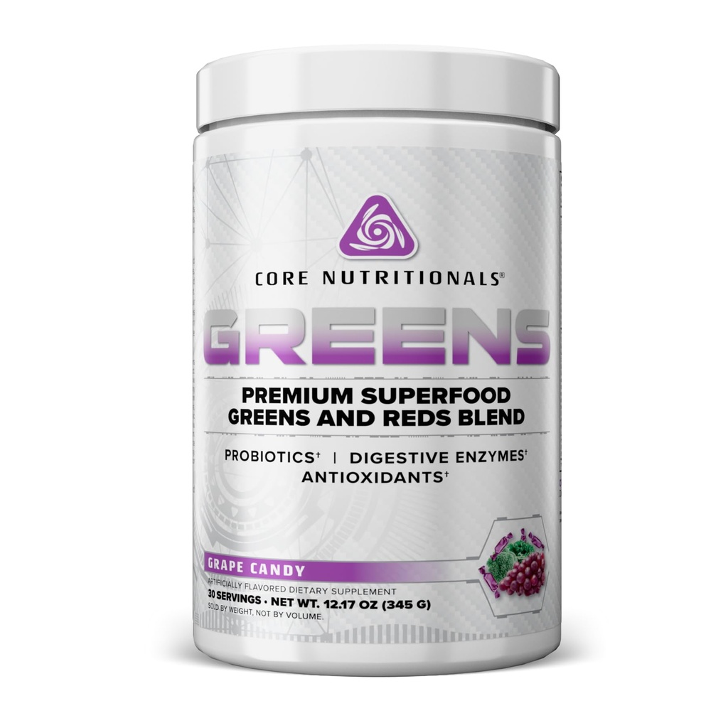Core Nutritionals Greens | Premium Superfood Reds & Greens Blend | 5 Billion CFU Probiotics, Digestive Enzymes, & Antioxidants | 30 Servings (Grape Candy)