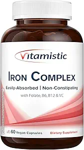 Eisenergänzung für Frauen, 36 mg Elemental Iron, Non-GMO & Non-Constipating, Ferrous Bisglycinat, Plus B & C Vitamine, Blut-Building & Energy Support, 60 Vegan Caps