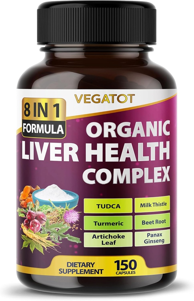 VEGATOT Formule complexe de santé hépatique **USA fabriqué et testé** haute puissance avec TUDCA, chardon de lait, racine de betterave, feuille d'artichaut, Panax Ginseng, Astragalus, Tumeric - Clean & Detox Formula
