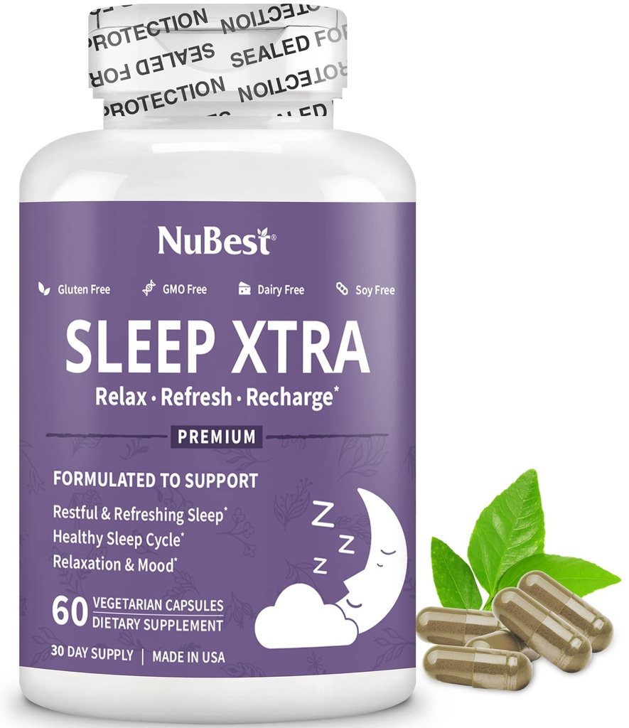 NuBest Sleep Xtra | Supporta il sonno sano per gli adulti | Vitamina B6, Melatonina, Ashwagandha, Camomilla, Valerian & More - Non Habit-Forming | 60 capsule vegane |1 Mese di alimentazione