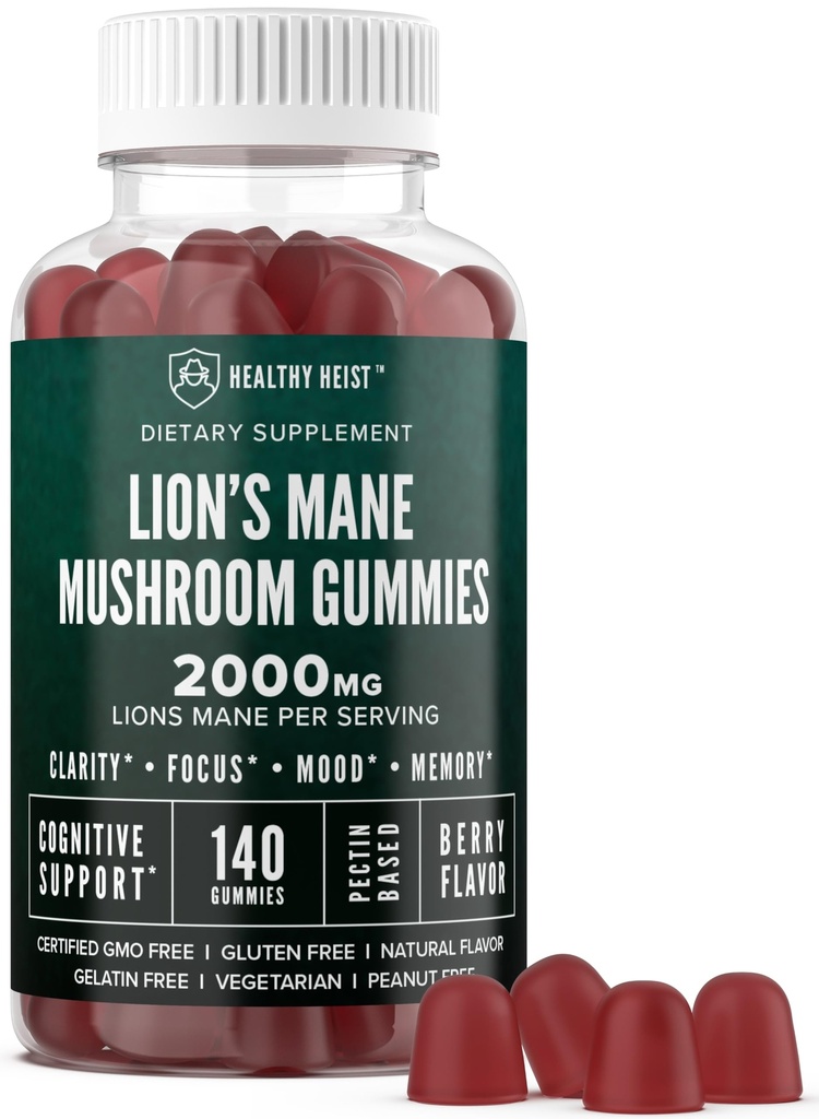 Gummies de champignons Lions Mane pour adultes, 140 Comte en vrac Mane Lion Chewables, haute puissance 10:1 extrait organique quantités de 2000mg, supplément soutient la clarté mentale, la concentration, l'humeur et le brouillard cérébral