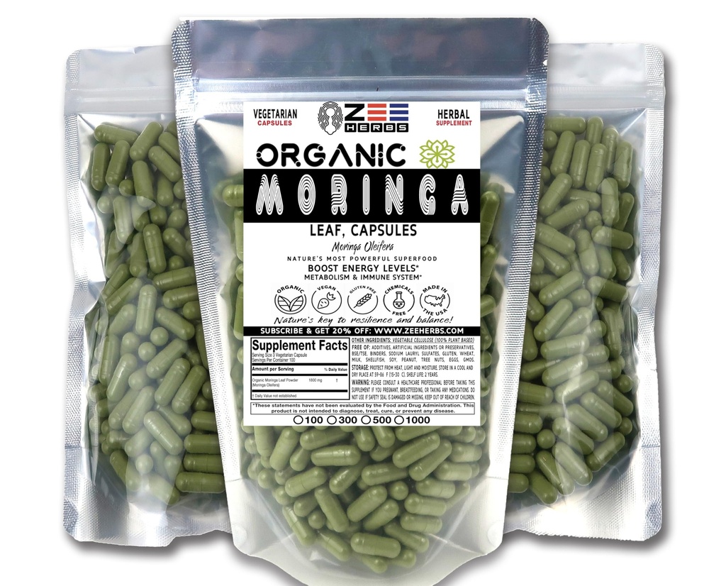 ZeeHERBS Organic Moringa Capsules - 1800mg Per Serving of Natural Pure Moringa Leaf (100)
