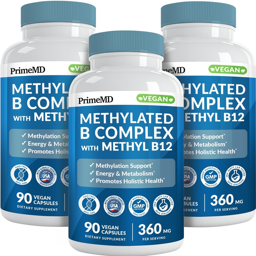 Methylated B Complex with B12 Methylcobalamin & Methyl Folate 1000 mcg - Premium Vitamin B Complex for Energy, Brain Function, and Wellness - Methylated Multivitamin (270 Servings, Pack of 3)