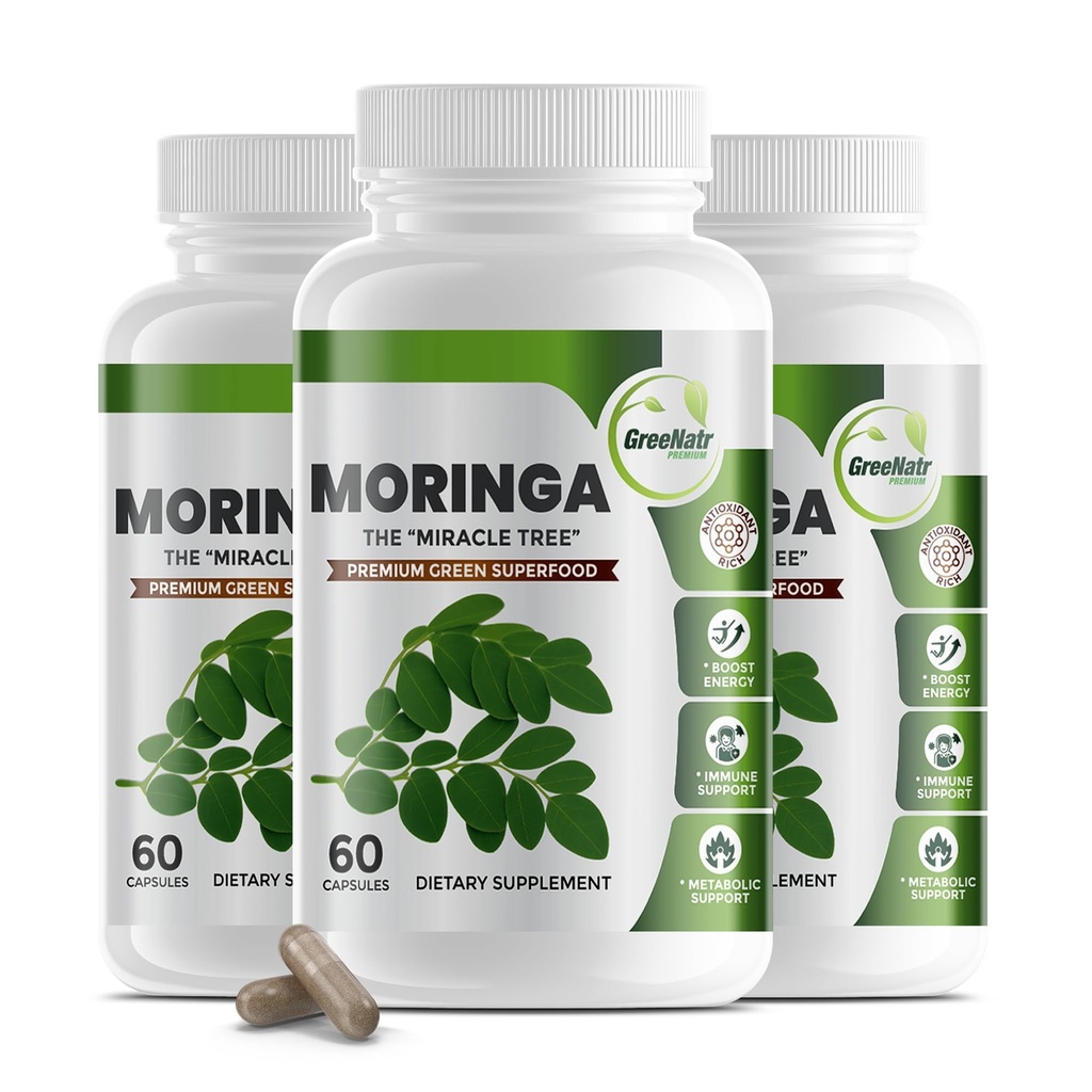 GreeNatr Pure Moringa Oleifera Leaf Extrait Capsules de légumes 1000 mg. Supplément à base de plantes naturelles. Energy, Mood, Memory and Focus Support. Premium Green Superfood (3 bouteilles)