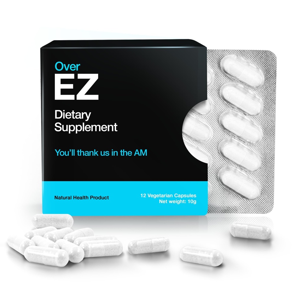 OVER EZ Pre-Drink Supplement - Party Erholung & Prävention Pillen für eine Nacht heraus & bessere Morgen (12 Kapseln) & Milchdistel, Aminosäuren, Vitamin Bs