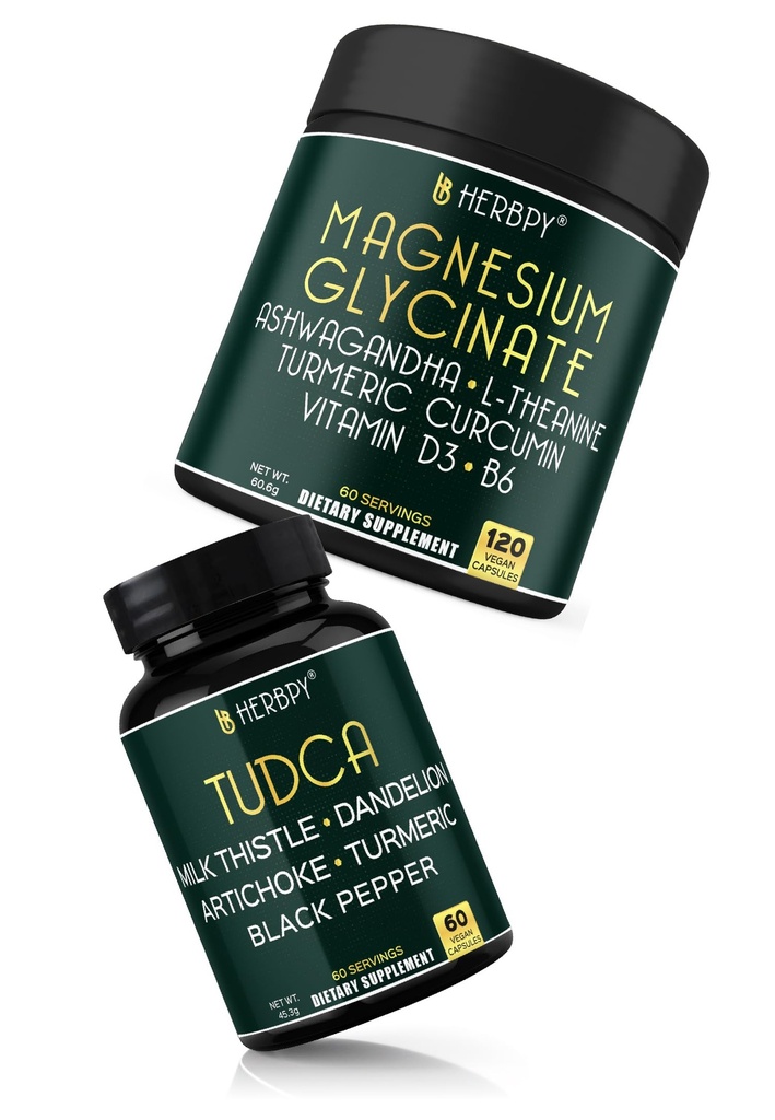Herbpy Bundle 6in1 Magnesium Glycinate Supplement 1001mg/serving (120 Count 60 Servings) & 6in1 Tudca Supplement 755mg/serving (60 Count 60 Servings)