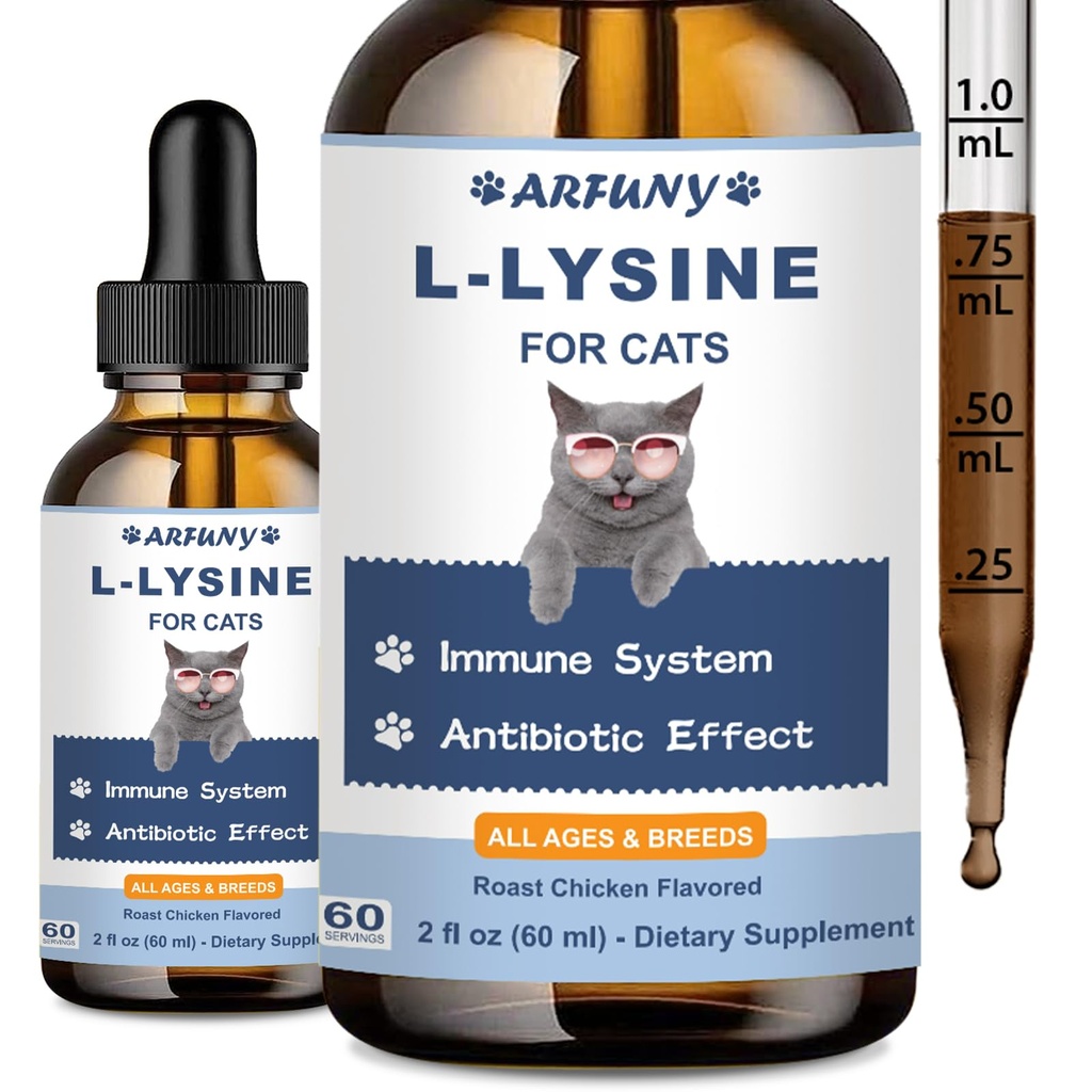 L-Lysine Ergänzung für Katzen - Immununterstützung - 60ML Lysin für Feline-Respirator, Niesen, Runny Nose, Augenfunktion - Natürliche Katze Antibiotische Tropfen - Roast Chicken Flavor