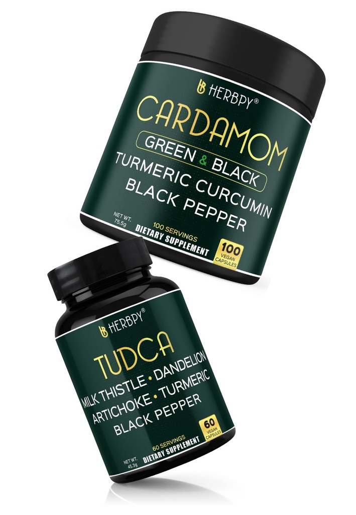 Herbpy Bundle 4in1 Black and Green Cardamom 755mg/serving (100 Count 100 Servings) & 6in1 Tudca Supplement 755mg/serving (60 Count 60 Servings)