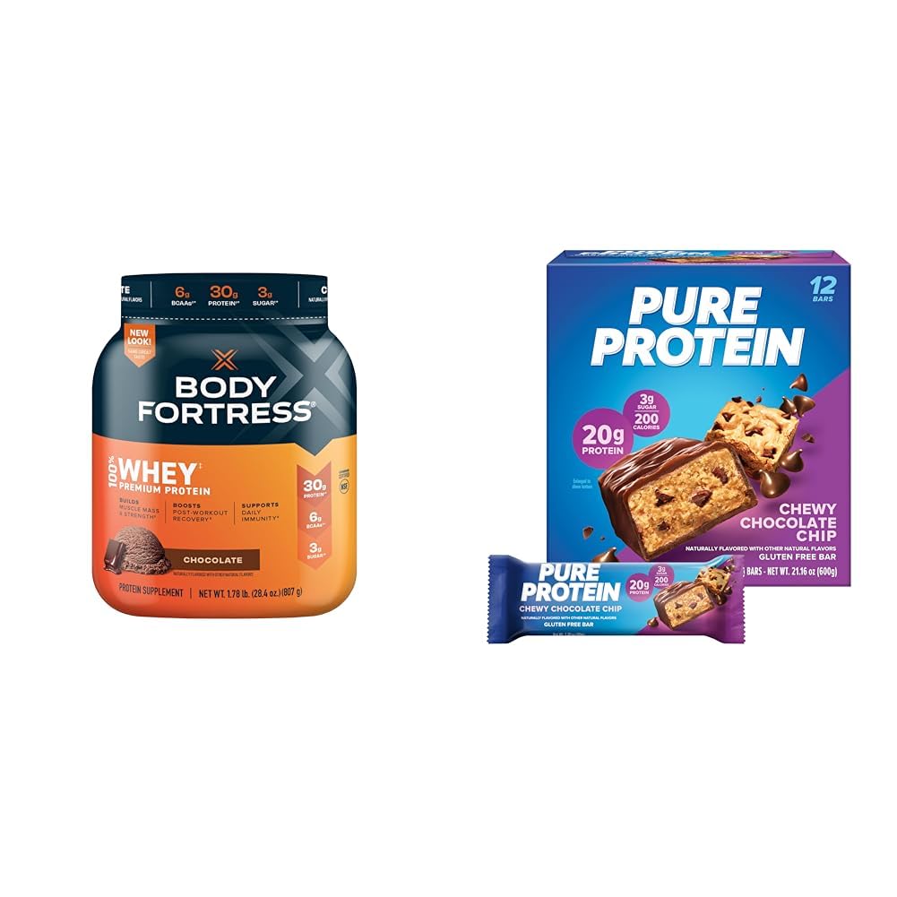 Body Fortress 100% Whey Protein Powder, Chocolate, 1.78lbs & Pure Protein Bars, Chocolate Chip, 1.76oz (12 Count)
