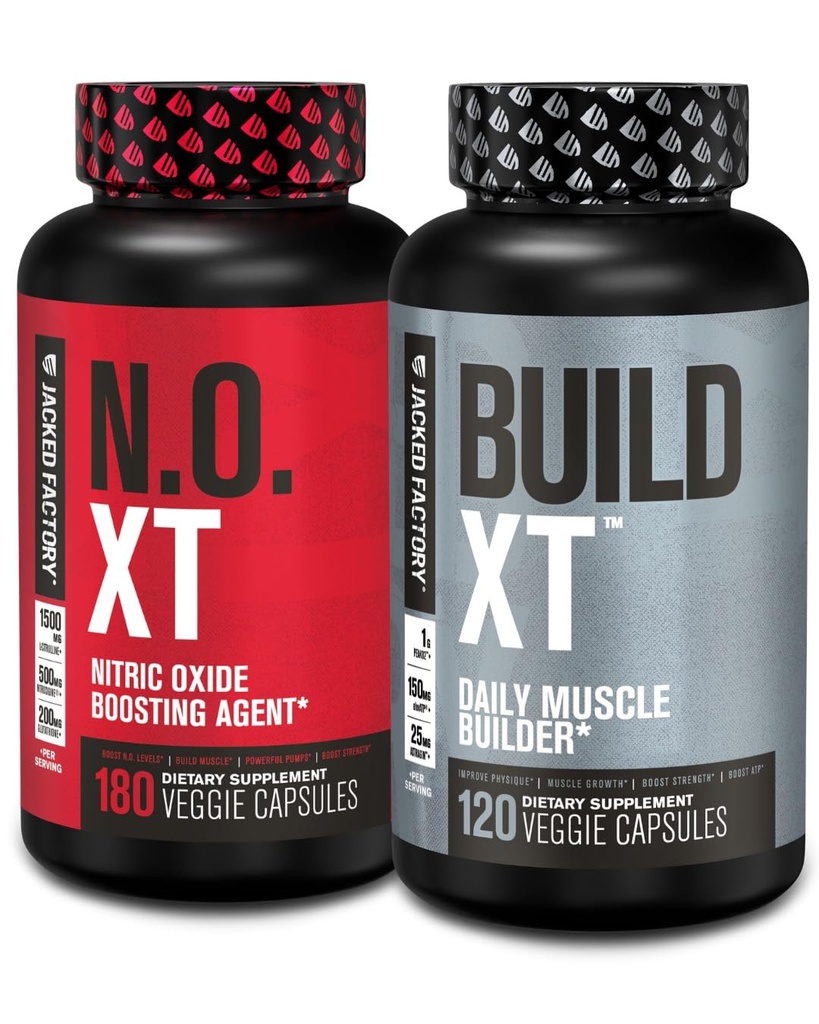 Jacked Factory Muscle Builder Supplement Stack - Build-XT Muscle Builder & N.O. XT Nitric Oxide Boosting Agent for Dual Support (alimentazione 60 giorni)