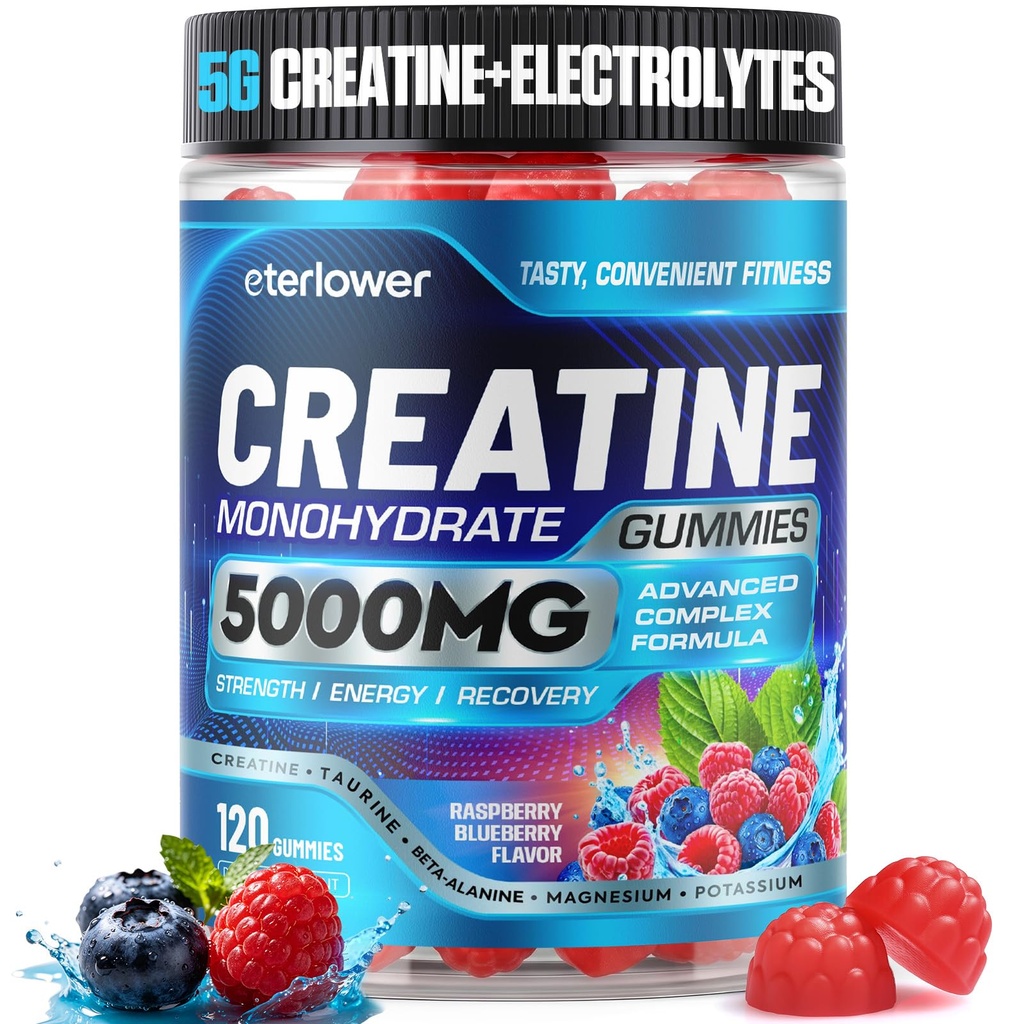 Creatine Gummies, 8-IN-1 Complex with Taurine + Electrolytes + Beta-Alanine, Creatine Monohydrate Gummies for Women & Men for Muscles, Recovery & Energy, Gomitas de Creatina Sugar Free, Vegan, 120 Ct