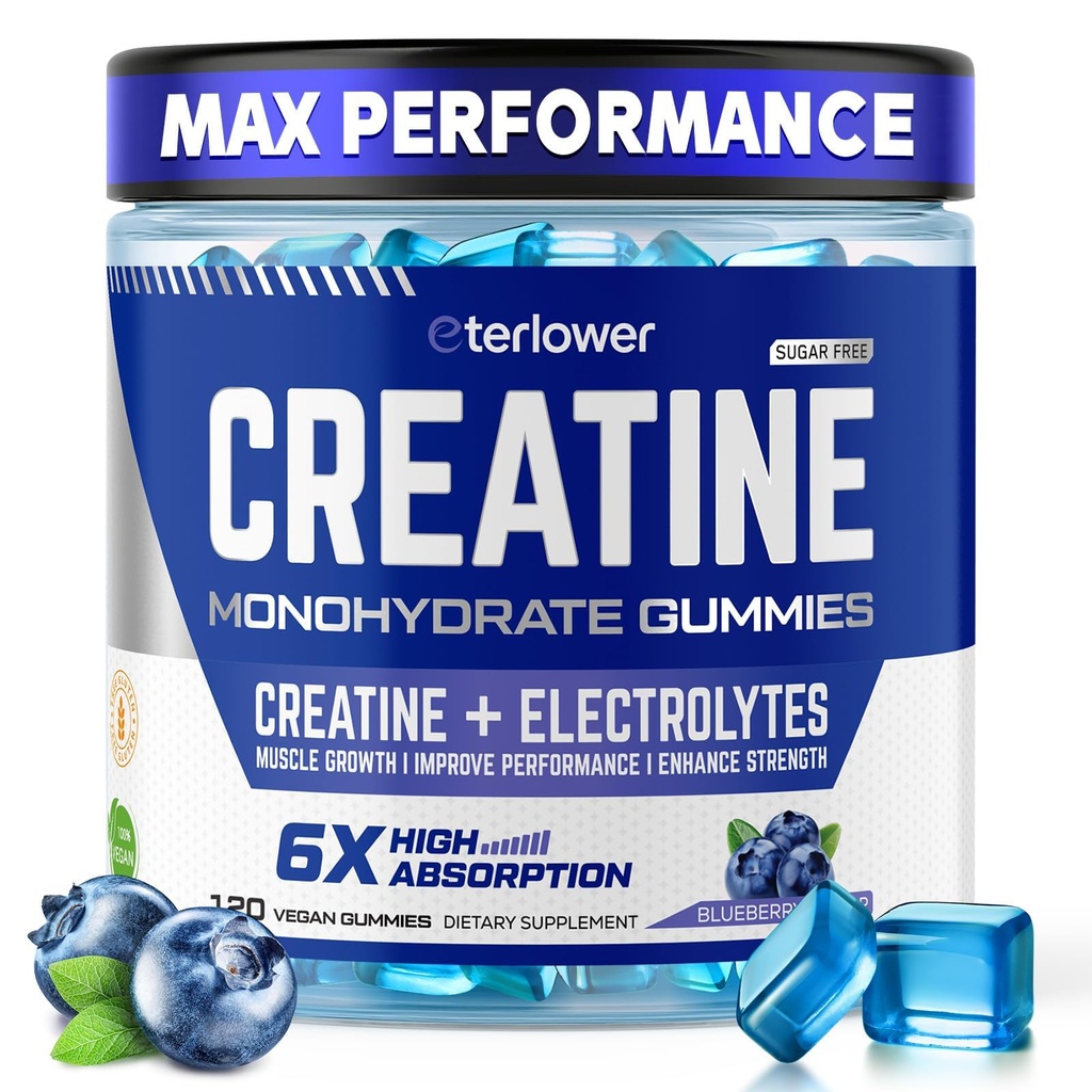 Creatine Monohydrate Gummies 5g – Pre-Workout Energy & Muscle Growth Support for Men & Women | Blueberry Electrolyte Gummies, 120 Count