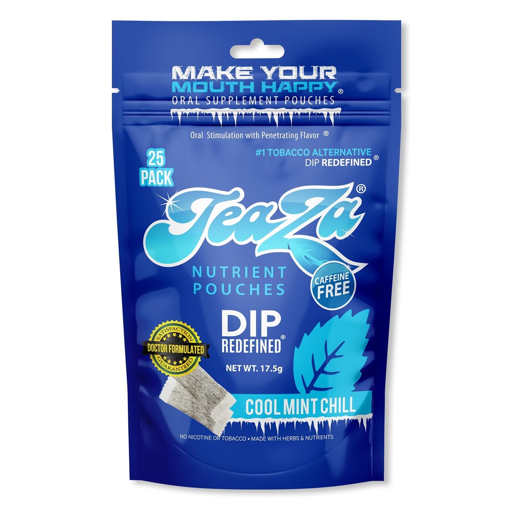 TeaZa Herbal Energy Pouches Tobacco Alternative Nicotine Free Dip, Smokeless Alternative Snuff and Healthy Dip Pouches, Cool Mint Chill (1 Pack) Tobacco Free Chew Premium Crisp Minty Flavor
