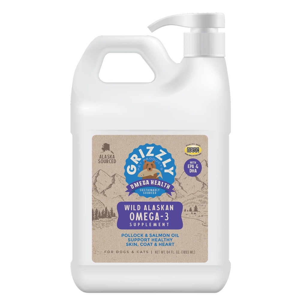 Grizzly Pet Prodotti Omega Health Liquid Omega-3 Supplemento per cani e gatti, 64 oncia Jug