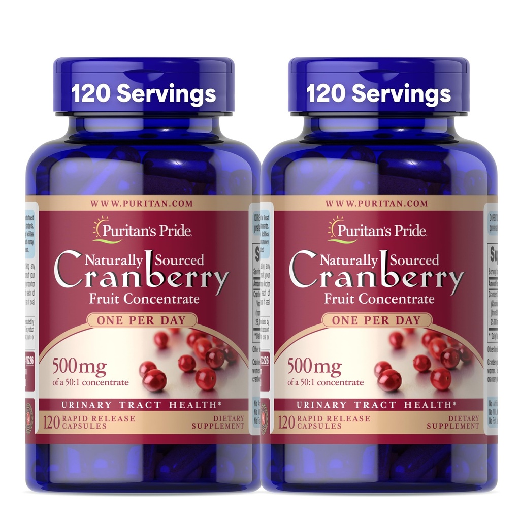 Prido di Puritan naturalmente fonte di mirtillo uno al giorno di frutta concentrato 500mg, 50:1 supplemento dietetico per il supporto del tratto urinario, alimentazione di 4 mesi, 120 capsule di rilascio rapido, 2 Pack