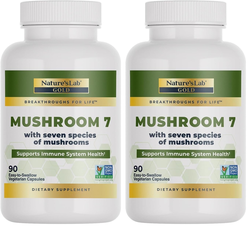 Nature's Lab Mushroom 7 Organic Blend - Benefits The Immune System, Cell Function and Endurance - 90 Capsules (45 Servings) (Pack of 2)