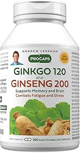 ANDREW LESSMAN Ginkgo 120 Plus Ginseng 200 mg - 360 capsule - miscela di estratto standardizzato per supportare il cervello, la memoria e la funzione cognitiva. Adaptogen, Combats Stress e Fatigue. Nessun Additivo