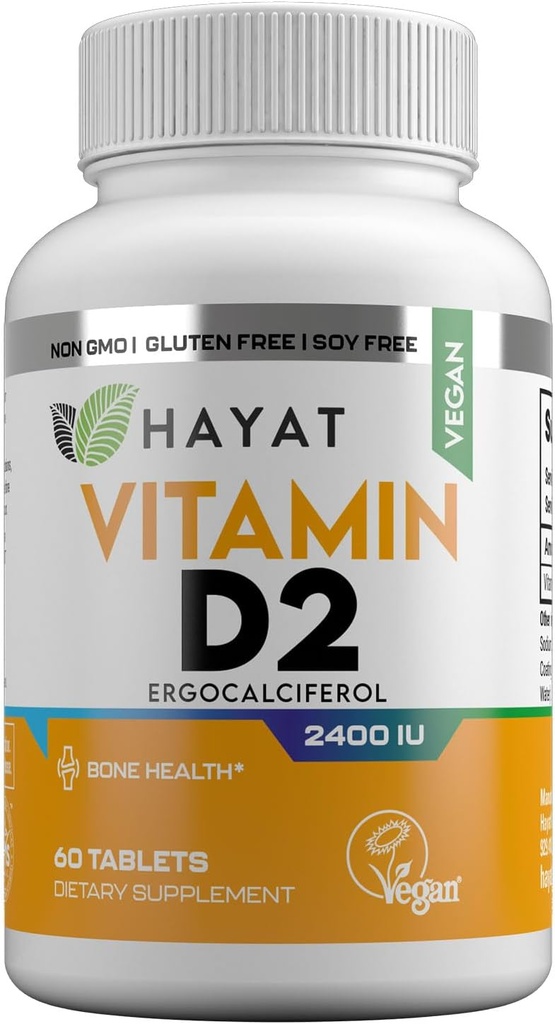 HAYAT Vitamine Vegan Vitamin D2 2400 IU (60 MCG), Nahrungsergänzungsmittel für Knochen, Zähne, Muskel- und Immungesundheitsunterstützung, 2 Monate Versorgung, All Natural, Certified Halal, 60 Tabletten, Made in USA