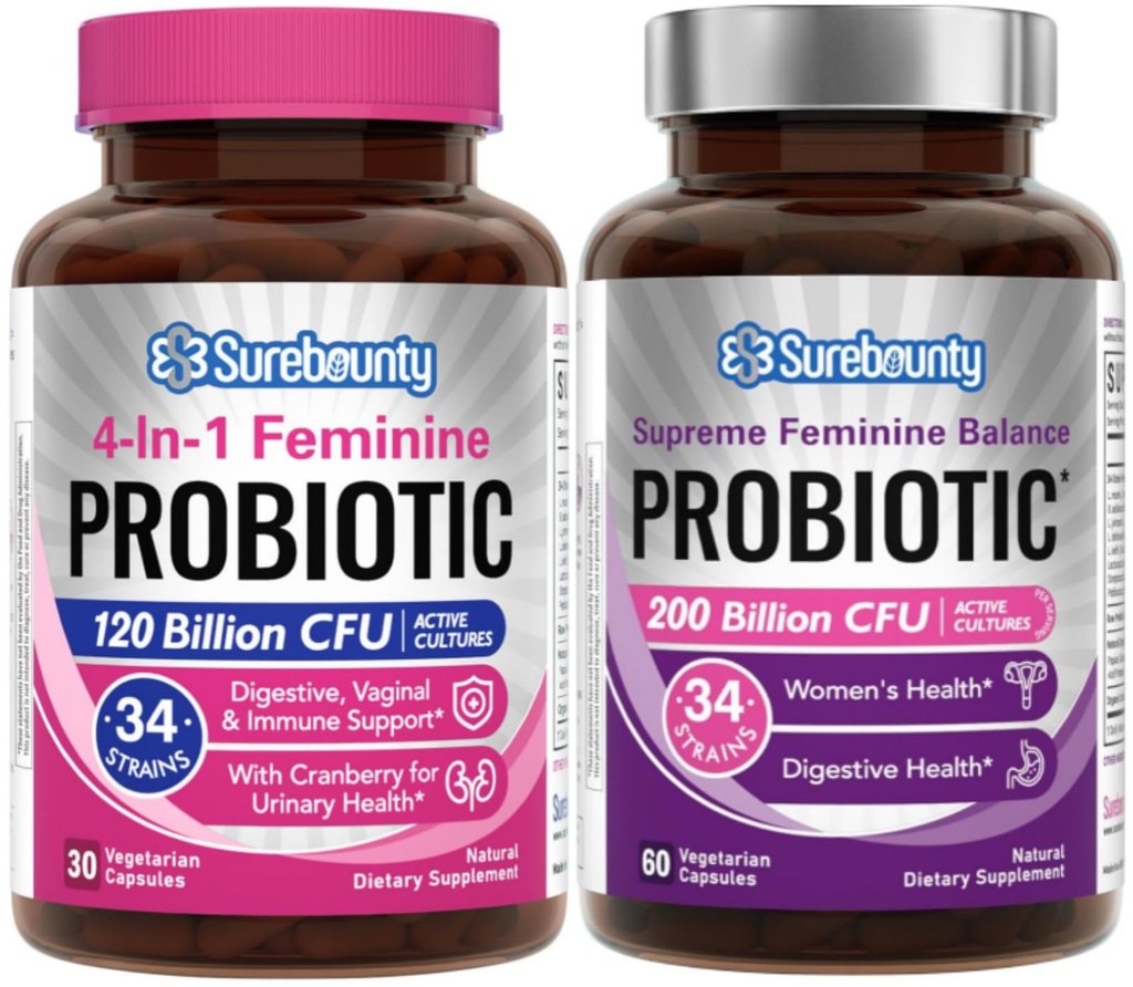 Women’s Probiotic Bundle – 4-in-1 Feminine + Supreme Multi-Strain 200B CFU – with Prebiotics, Enzymes & Cranberry – Daily Digestive, Vaginal & Urinary Support – Non-GMO, Gluten Free