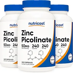 Nutricost Picolinate de zinc 50mg, 240 Capsules végétariennes (3 bouteilles) - Sans gluten et sans OGM