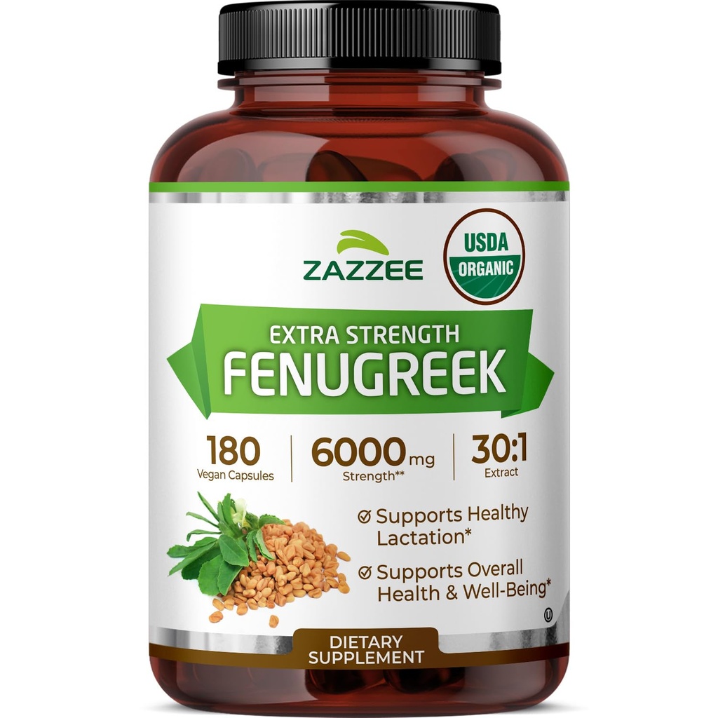 Zazzee USDA Organic Fenugreek 30:1 Extract, 180 Vegan Capsules, 6 Month Supply, Breastfeeding & Lactation Support for Nursing Mothers, Organic Herbal Supplement, All-Natural, Non-GMO, Made in the USA
