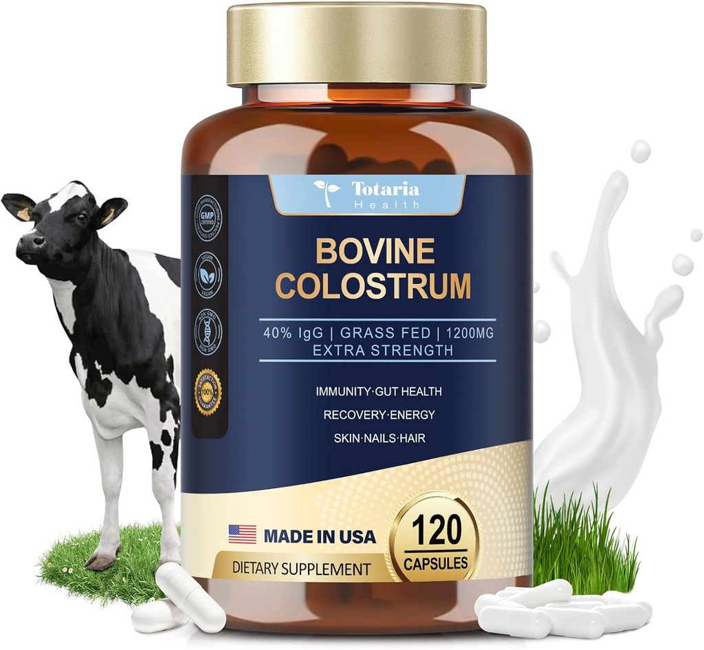 Totaria Bovine Colostrum Supplemento Capsule per Gut Health, Hair Growth, Beauty and Immune Support - USA Farm Grass Fed - No Fillers, GMP Certified Calostro Bovino para Adultos Organico, 60 Serve