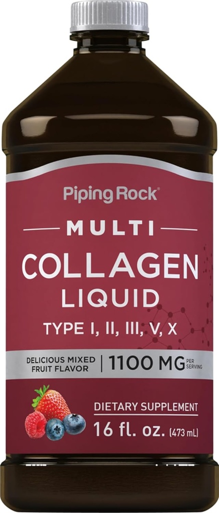 Piping Rock Liquid Collagen 16 fl oz | 1100mg | Fruit Flavor | Multi Collagen Peptide | mit Vitamin C | Non-GMO, Glutenfreie Ergänzung