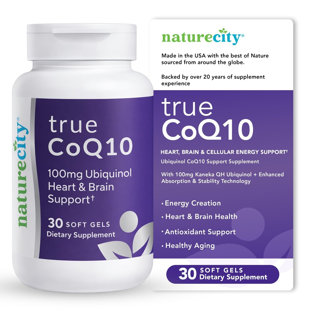 NatureCity True-CoQ10 Ubiquinol 100mg Highly Absorbable und Stablized Kaneka QH CoQ10 Herz, Gehirn und Cellular Energy Supplement - (30 Soft Gels) Active CoQ10 als Ubiquinol
