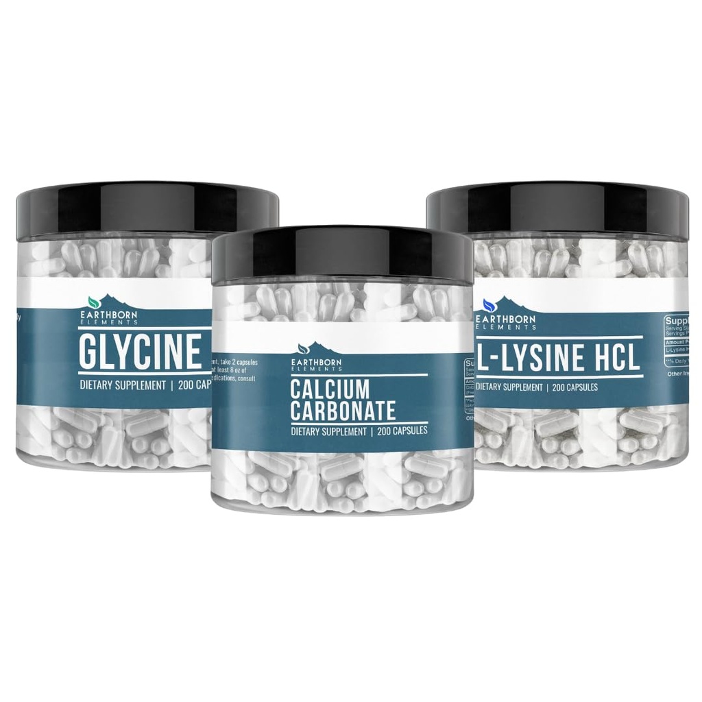 Earthborn Elements Calcium Carbonate, Glycine, and L-Lysine HCL Bundle, 200 Capsules Each, Pure & Undiluted