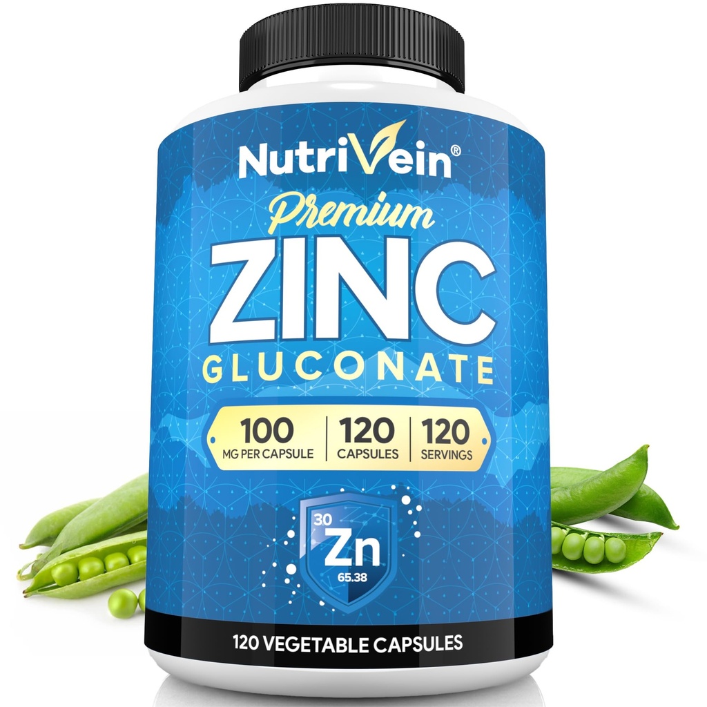 Nutrivein Premium-Zink-Gluconat 100mg - 120 Kapseln: High-Absorption Zink-Gluconat-Ergänzungen für Ganzkörper-Well-Being - Wesentliche Elemente für Wellness