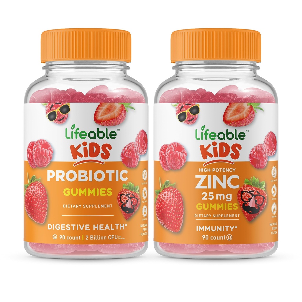 Lifeable Probiotic 2 Million CFU Enfants + Zinc 25mg Enfants, Gummies Bundle - Grande dégustation, supplément de vitamine, sans gluten, sans OGM, gummy à croquer