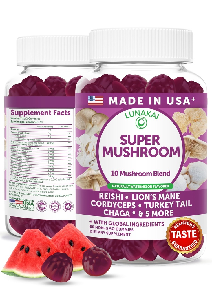 Lunakai USA Made Super Mushroom Gummies for Adults – 10-in-1 Adaptogenic Mushroom Supplement with Lion’s Mane – Daily Focus & Brain Support, 60ct