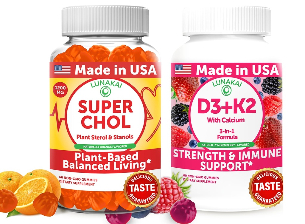 Lunakai USA Made Super Chol & D3+K2 Gummies Bundle – with Plant Sterols, Vitamin D3, K2, and Calcium – 60 Non-GMO Gummies Each