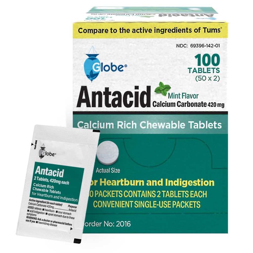 Globe Chewable Mint Antacid Tablets for Acid Indigestion, Heartburn, and Upset Stomach - 50 Packets of 2 Tablets Each, 100 Count. Made in The USA