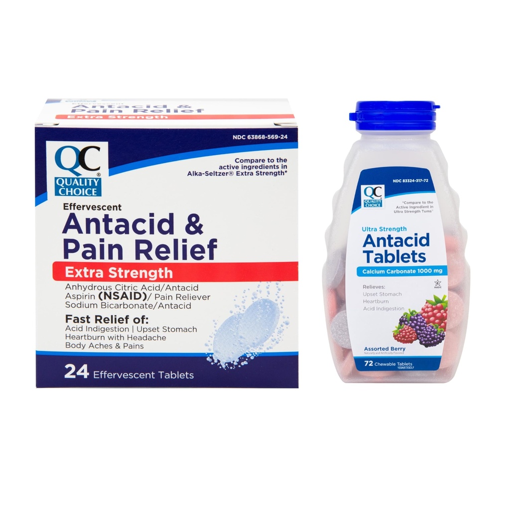 Quality Choice Antacid Relief Bundle Calcium Carbonate Chewable Tablets 72 Count and Effervescent Antacid and Pain Relief Tablets 24 Count
