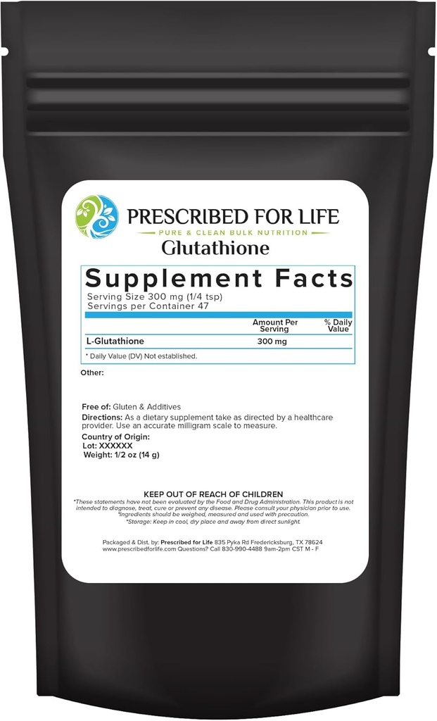 Verschrieben für Leben L Glutathionpulver, Reinreduziertes Glutathion, Tripeptid von Aminosäuren Glycin, Glutamin und Cystein, Antioxidantien-Ergänzung für Immununterstützung (0,5oz / 14g)