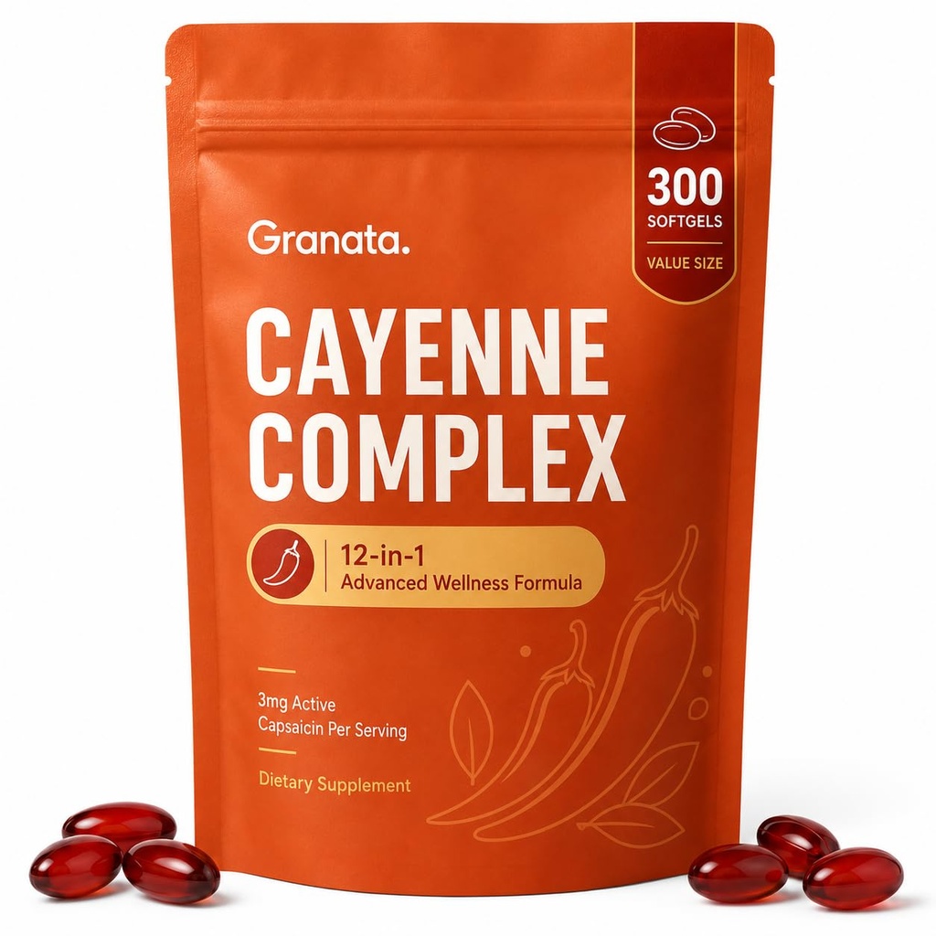 Granata Cayenne Pepper Complex Softgels, Digestive, Gut & Circulation Wellness Support, 12-in-1 Formula with 3mg Active Capsaicin, Turmeric, Berberine & Black Pepper, 300 Softgels