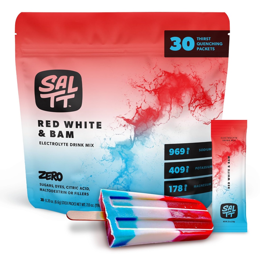 SALTT Electrolyte Powder Packets - Sugar Free Red White & BAM (30 Sticks) - High Sodium Hydration Drink Mix for Keto, Fasting & Muscle Cramps - Clean Minerals, No Junk Fillers