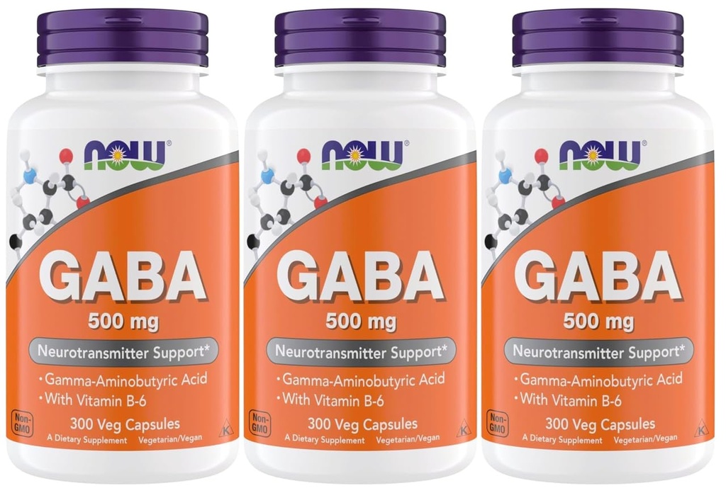NOW Foods Supplements, GABA (Gamma-Aminobutyric Acid) 500 mg + B-6, Natural Neurotransmitter*, 300 Veg Capsules (Pack of 3)