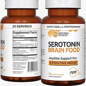 NATURAL STACKS Serotonin Brain Food w/L-Tryptophan & Rhodiola Rosea - Mood Support Supplement - Fördert positive Stimmung, Ruhe, Stress Relief - Happy Mood & Brain Support Supplement - 75 Kapseln