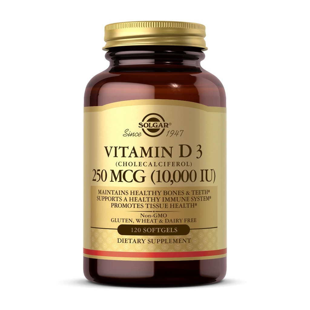 Solgar Vitamin D3 (Cholecalciferol) 250 MCG (10.000 IU), 120 Softgels - Hilft gesunde Knochen und Zähne - Immunsystem-Unterstützung - Non GMO, Glutenfrei, Dairy Free - 120 Servietten