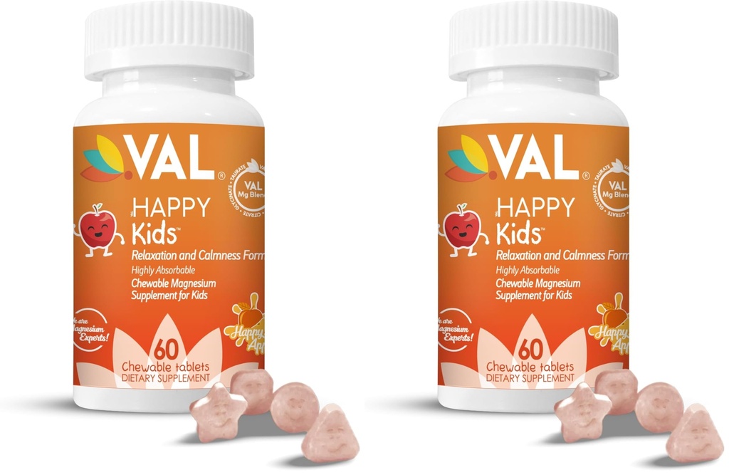 VAL Magnesium for Kids | High-Absorption Magnesium for Calm, Relaxation & Focus | Mg Glycinate, Citrate & Taurate | with Vitamin B6, D & C | Sugar-Free, Non-GMO | 60 Chewable Tablets (Pack of 2)