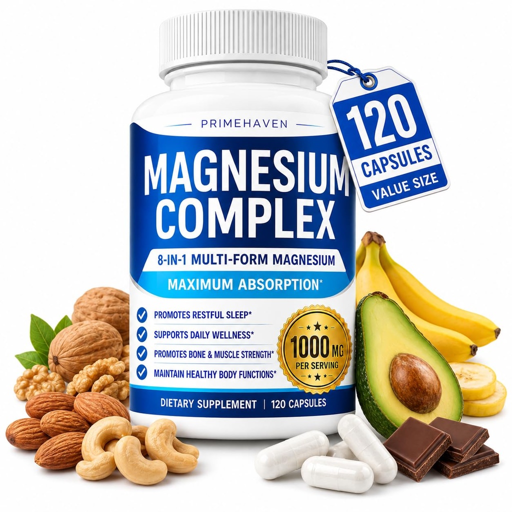 Alveta Magnesium Complex 1000mg for Women and Men, 8-in-1 Magnesio Complex Supplement Capsules with Glycinate, Citrate, Malate & Taurate, 120 Capsules (1PCS)