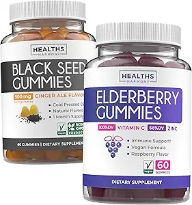 Schwarzer Seed Öl Gummis & Elderberry Gummies (1-Monat-Versorgung) Immune Boost Bites Bundles - Schwarzer Seed Öl Gummis Ginger Ale Flavor Kalt-gepresste Nigella Sativa & Elderberry Gummies für Erwachsene