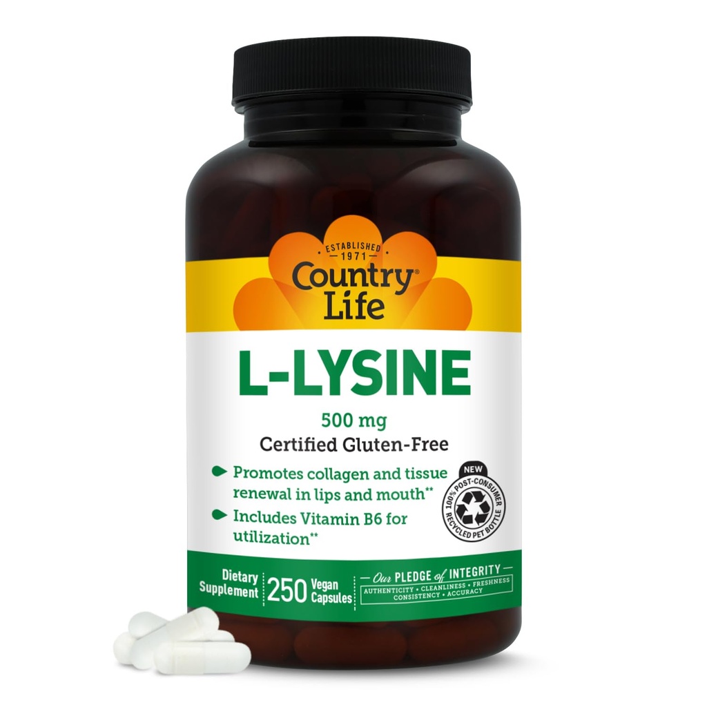 Country Life L-Lysine 500mg avec B-6, soutient la santé immunitaire, favorise le renouvellement du collagène dans les lèvres et la bouche, 250 capsules végétaliennes, certifié sans gluten, certifié végétalien