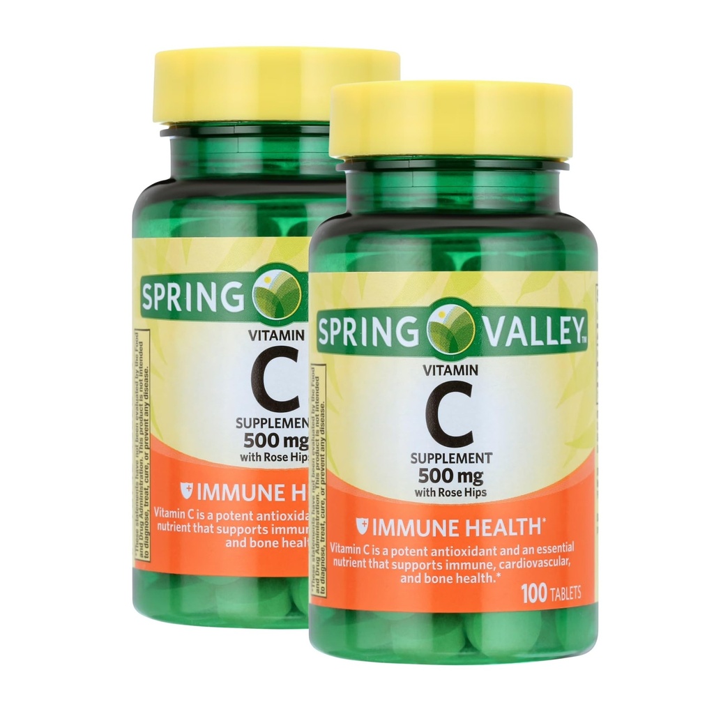 Vitamin C 500mg with Rose HIPS – 100 Tablets, Vegan Vitamin C Supplement for Men and Women, Gluten Free, Daily Vitamina C Natural Antioxidant Support (Pack of 2)