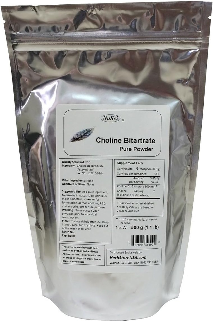 Choline DL- Bitartrate Polvere pura 500g (1.1 lb, 17.6 oz)