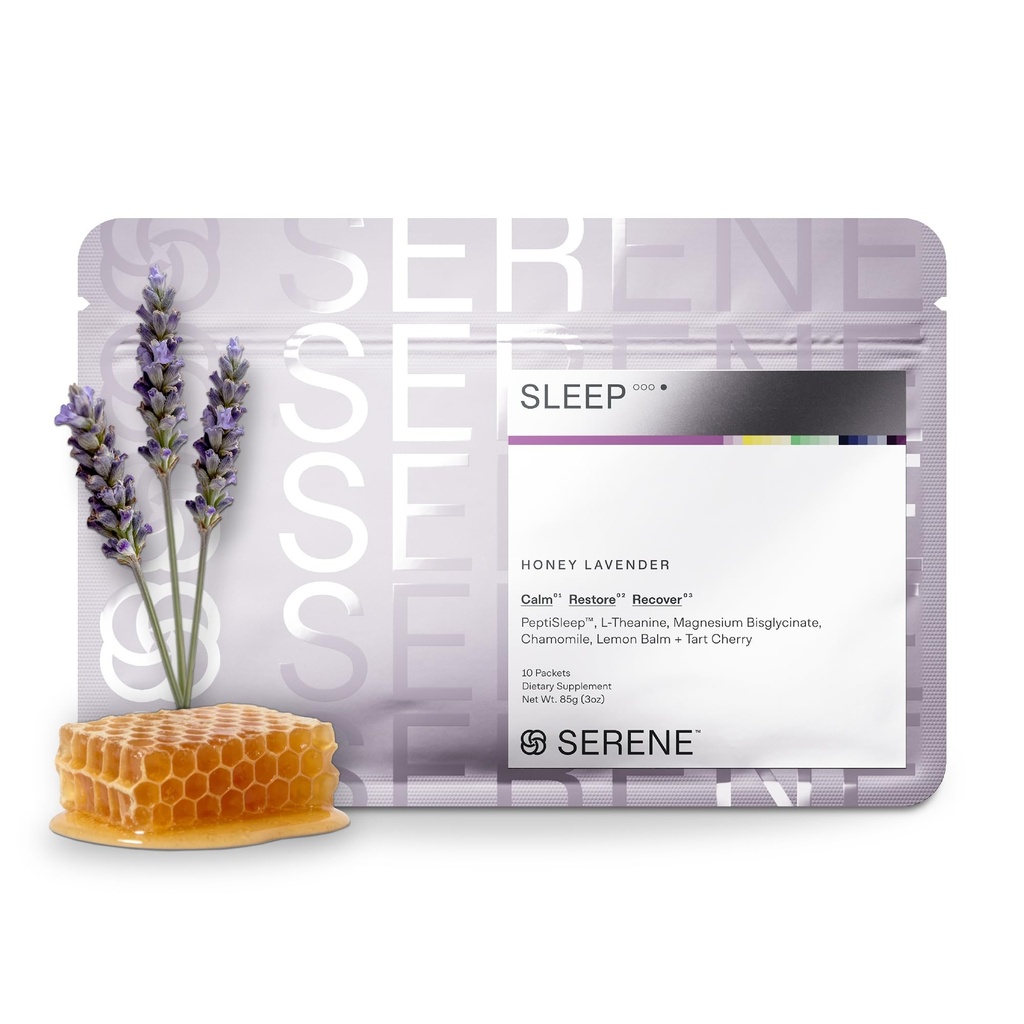 Serene Sleep - Premium Sleep Supplement & Recovery Support, Melatonin Free, Non-Habit Forming Drink Powder with PeptiSleep, L-Glycine, L-Theanine & Tart Cherry - Honey Lavender 3 oz 10 Servings