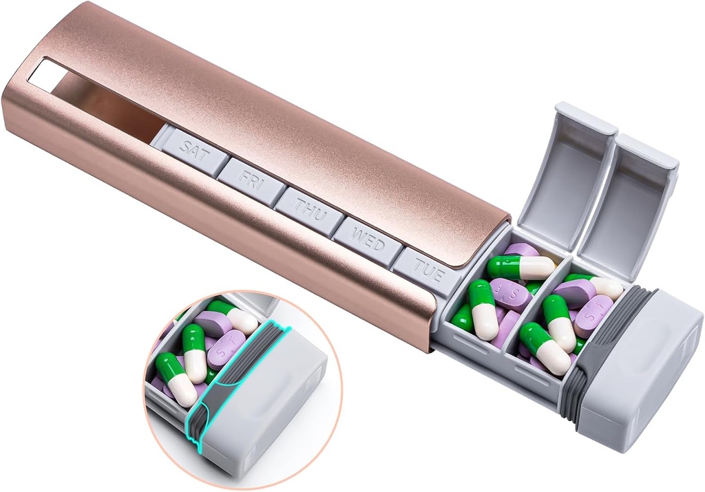 Daviky Metal Travel Pill Organizer, Premium Aluminum Pill Box 7 Day, Daily Pill Case, Stylish &Cute Pill Holder pour les médicaments, suppléments et vitamines (Pink+Gray)